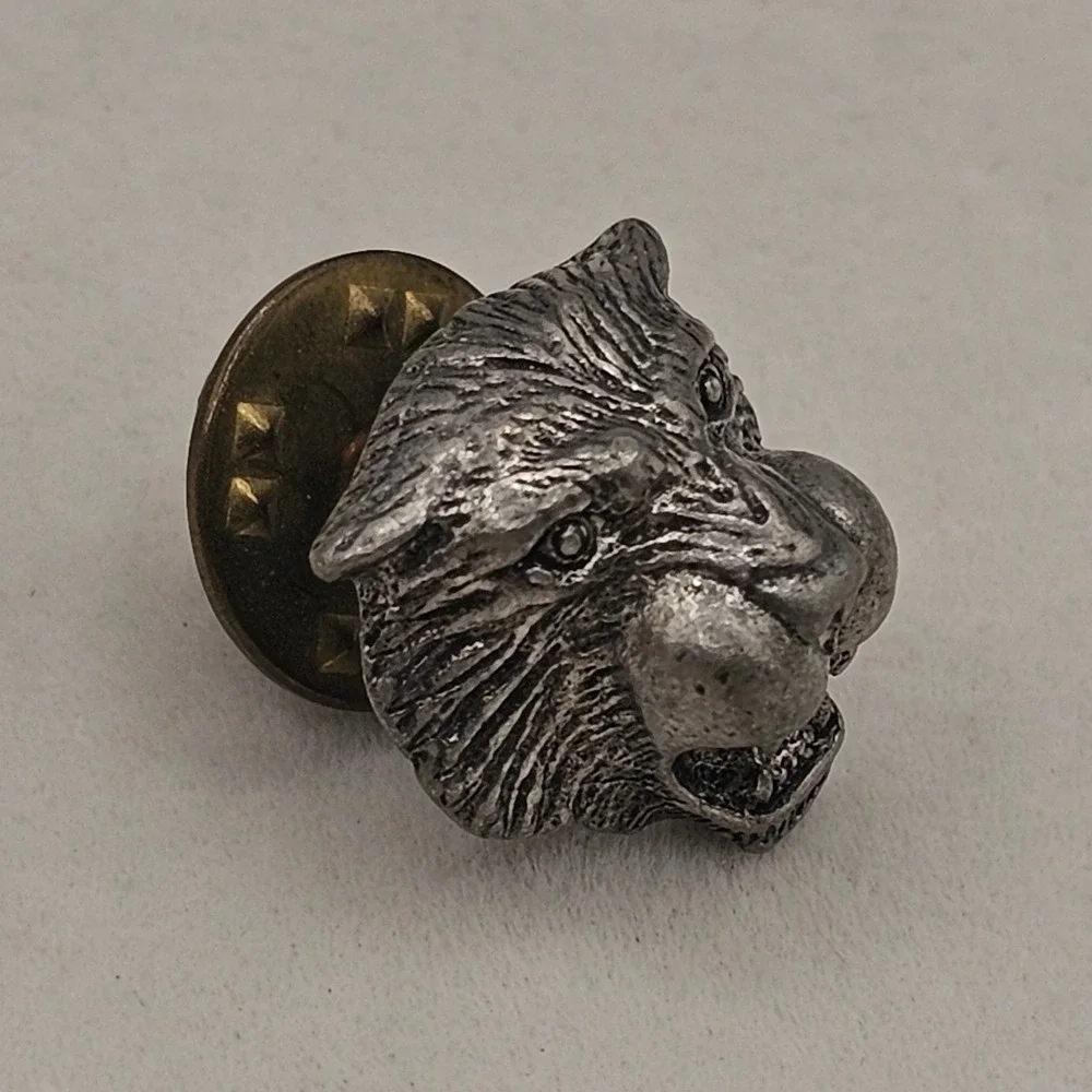 Big Wild Cat Head Pin 3D 745 Silver Tone Pewter Lapel '82 Tie Tack Jaguar Cougar